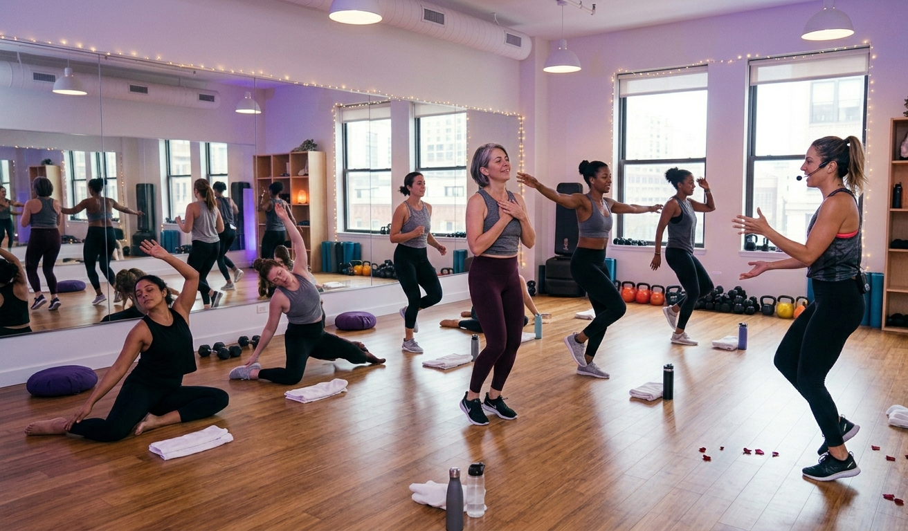 A group in a movement studio exploring expressive movement