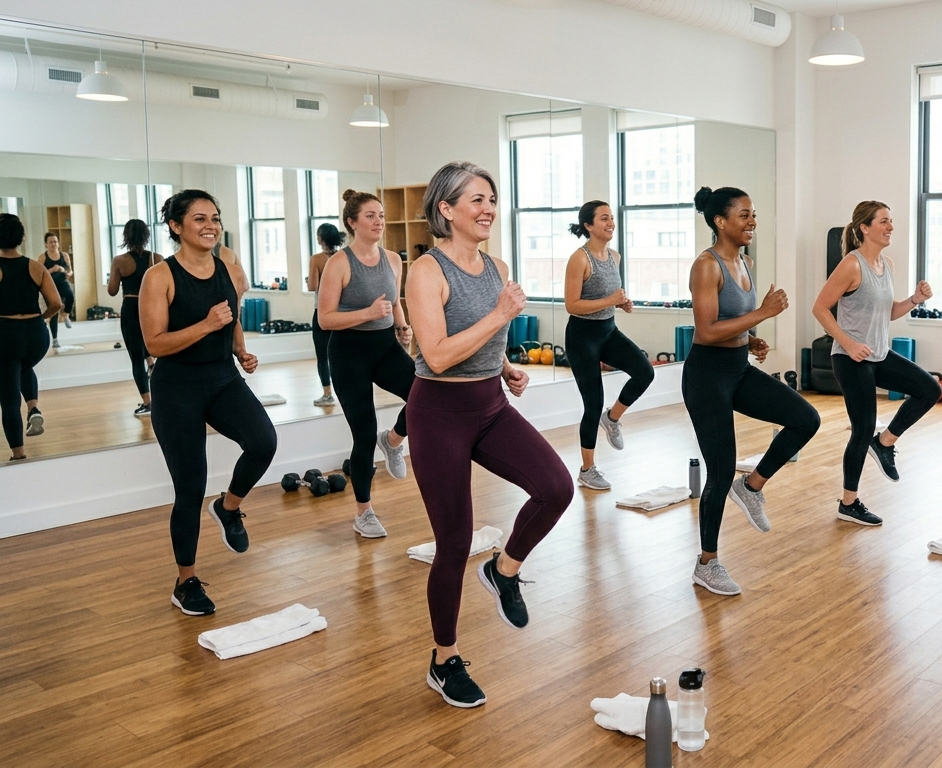 Women moving together in a bright studio