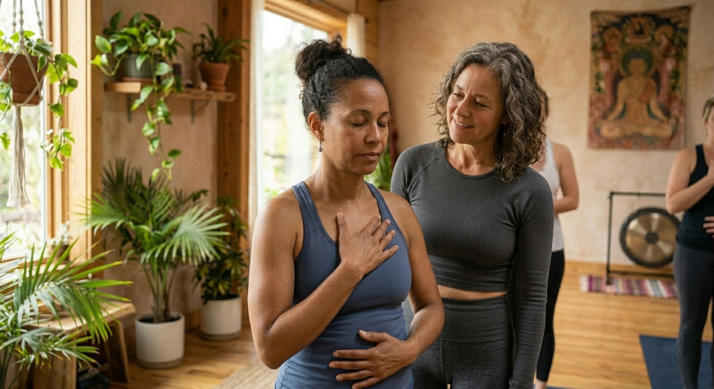 Women pausing to notice breath and sensation during a movement session