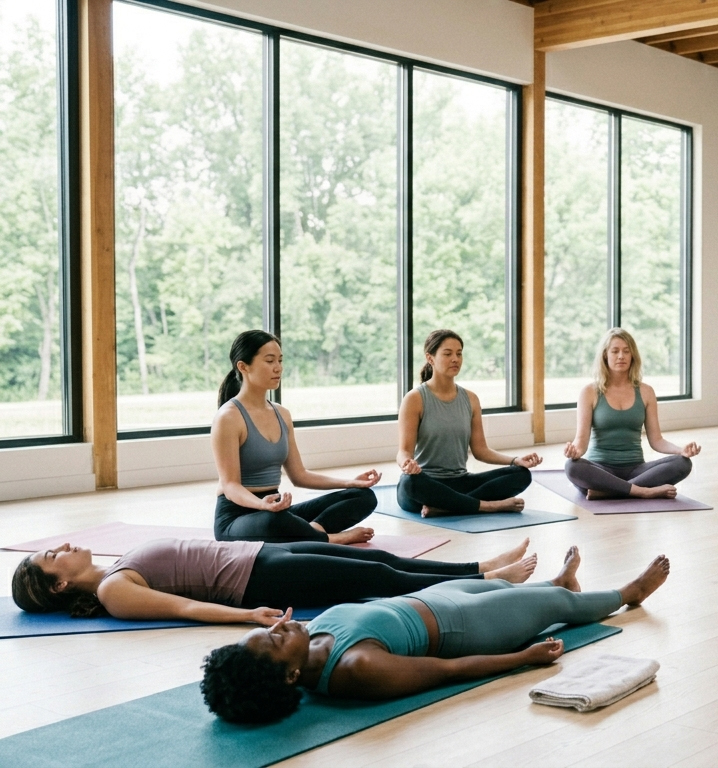 Women closing a class with grounding meditation